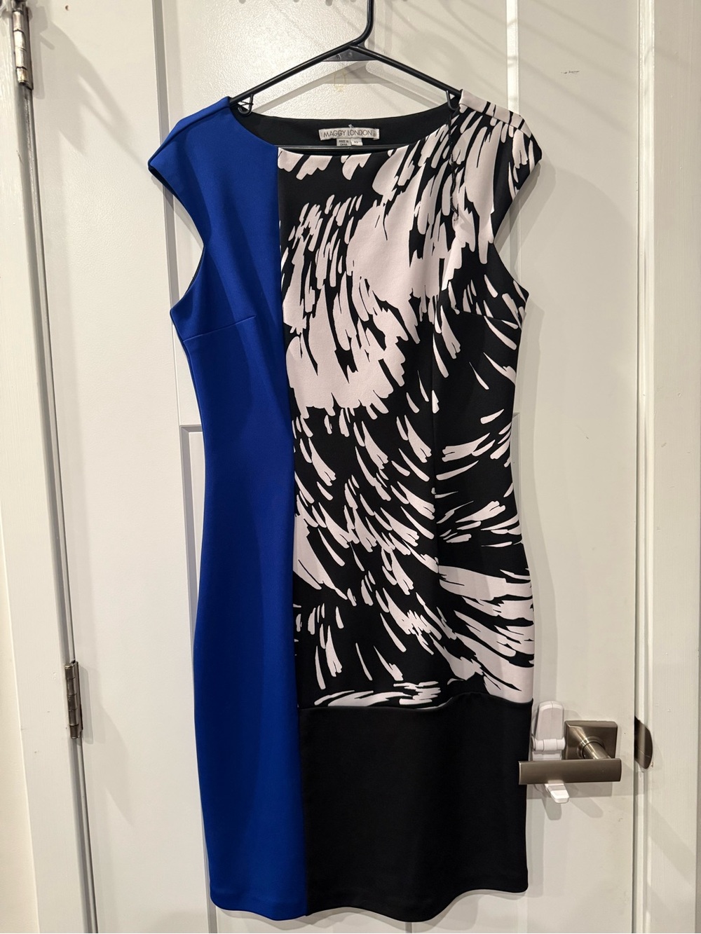 Maggy London Royal Blue with Black & White Abstract Midi Sheath Dress